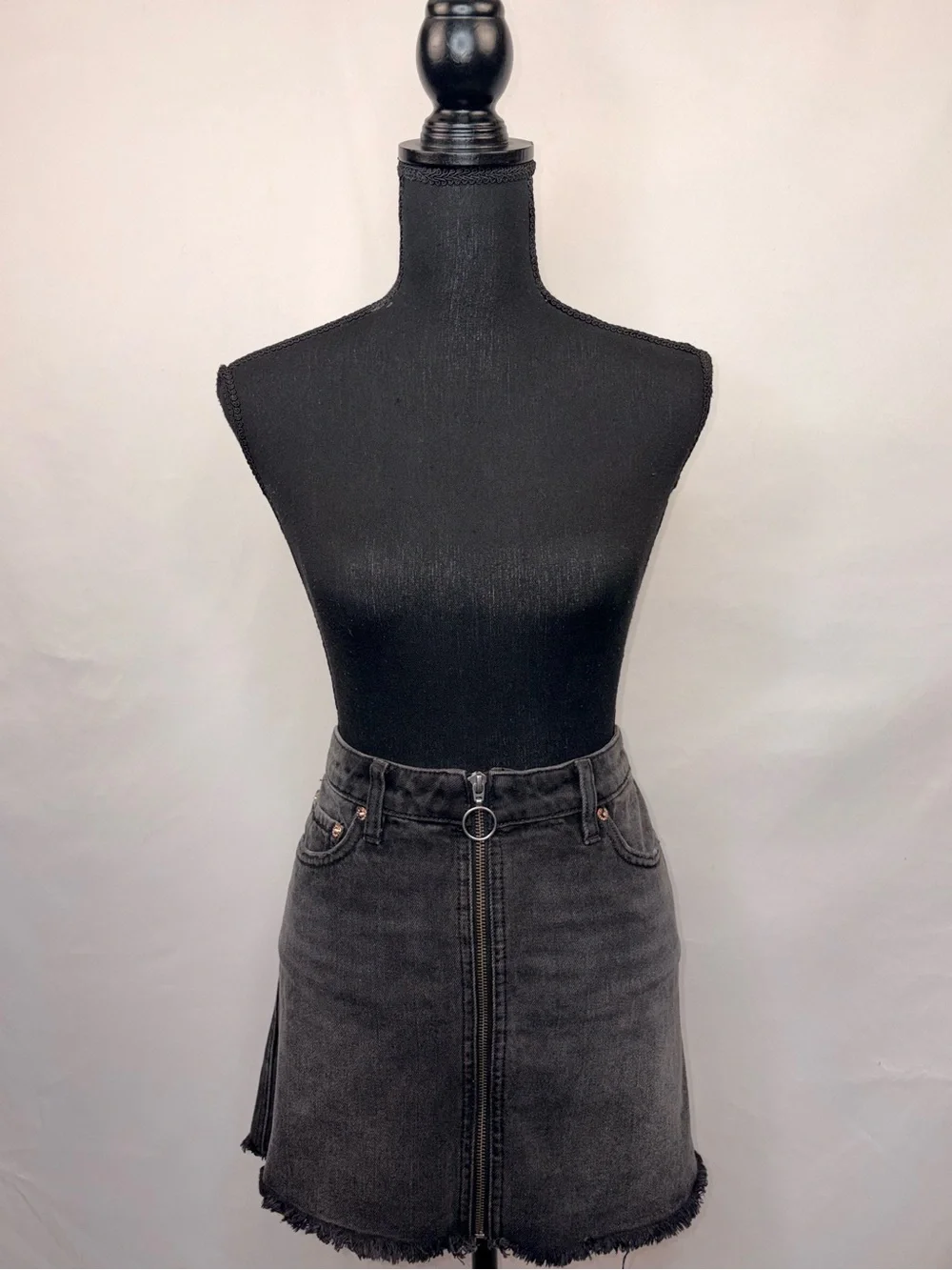 100% cotton Black Washed Denim Mini Skirt with Front O-Ring Zip